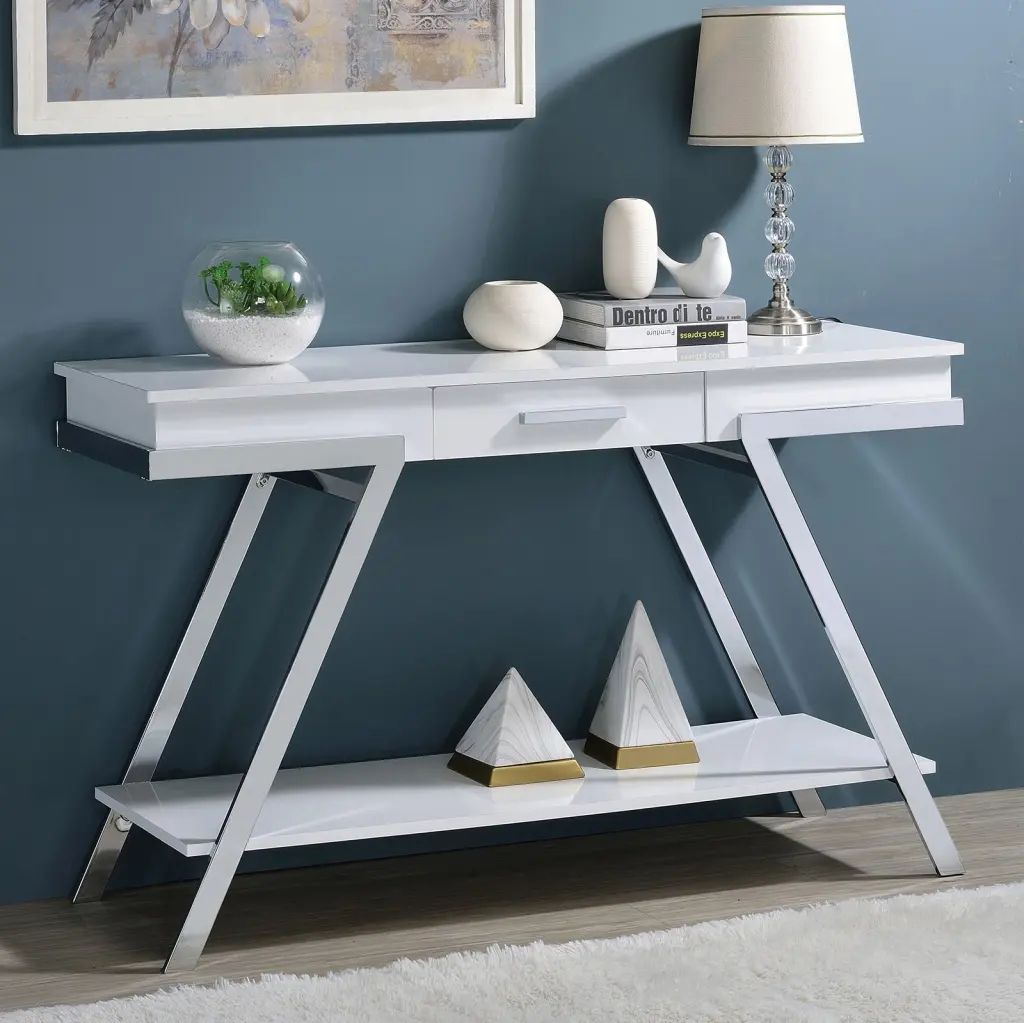 Contemporary Style White 1 Piece Sofa Table High Gloss Finish and Chrome Frame kanepe