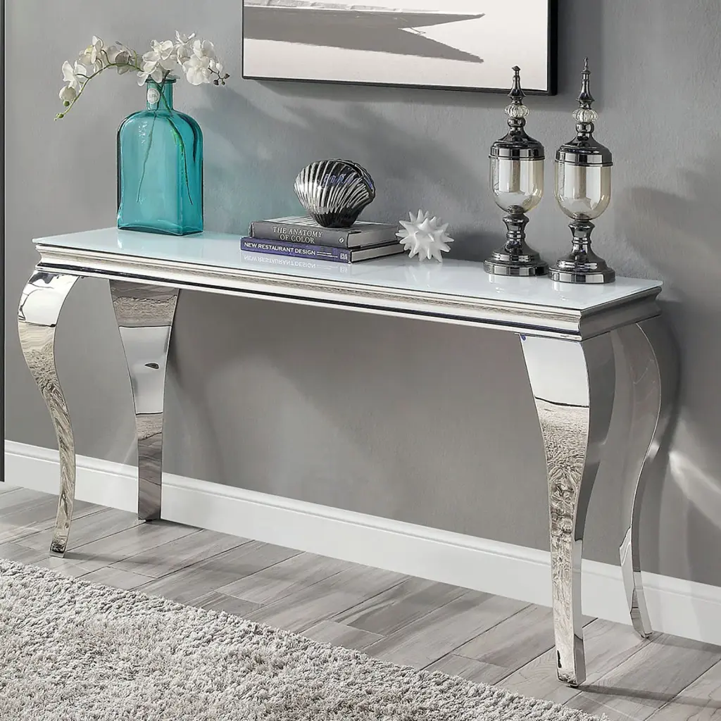 Glam Contemporary Sofa Table White Crystal Top and Shiny Metal Legs kanepe