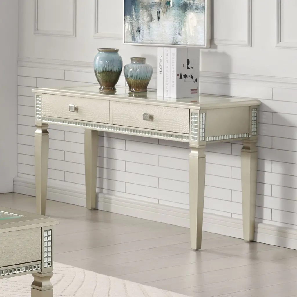 Glam Sofa Table Shiny Metal Frame, Storage Drawers, and 5mm Tempered Crystal Top kanepe