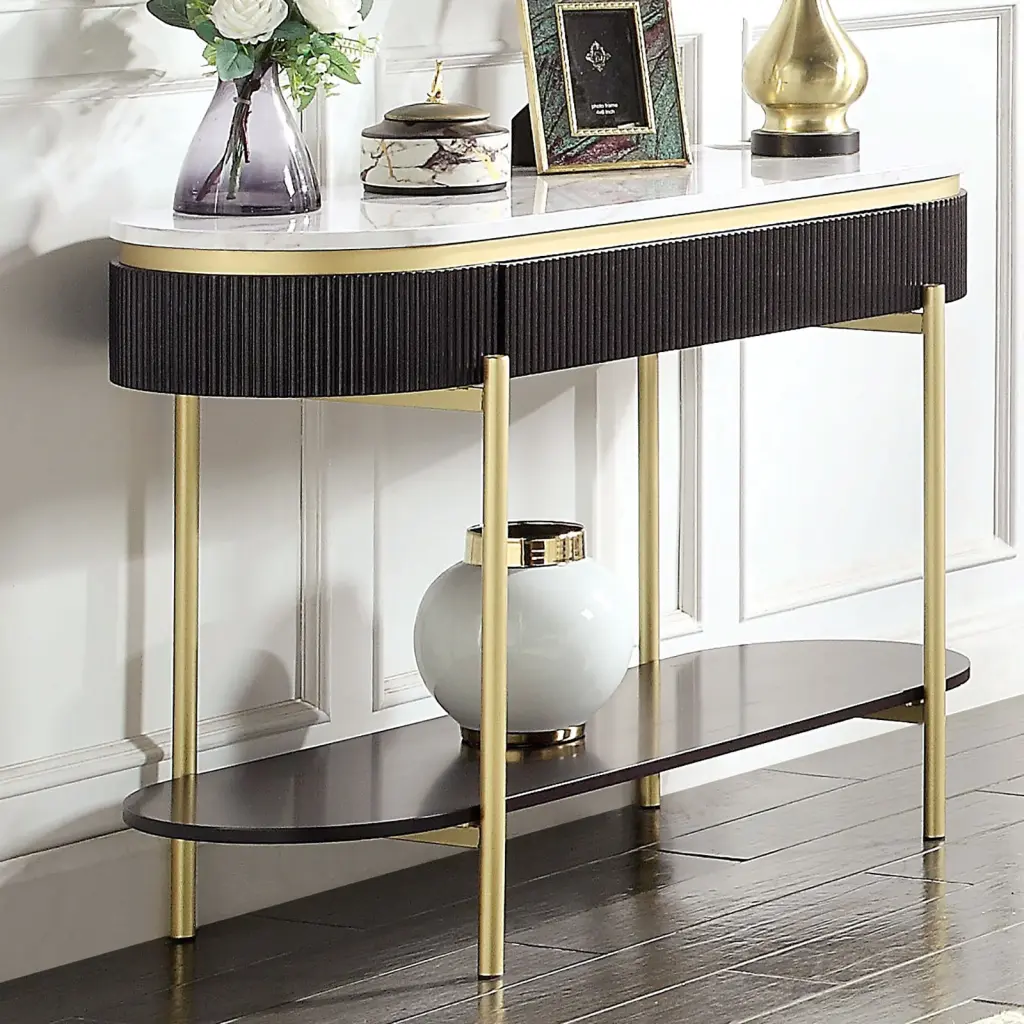 Gorgeous Dark Walnut Finish 1Pc Sofa Table White Faux Stone Top kanepe
