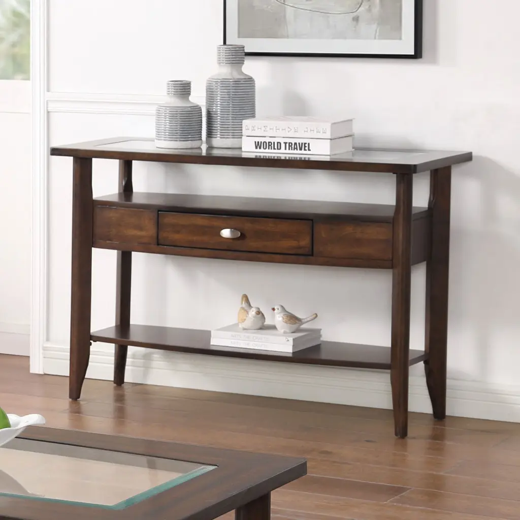 Transitional Dark Walnut Solid Timber 1Pc Sofa Table 5Mm Crystal Insert kanepe