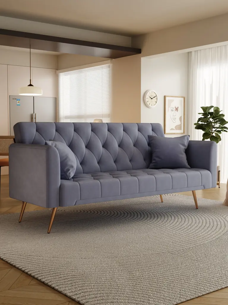 71 Inch American Vintage Grey Velvet Convertible Sofa fan chen furniture