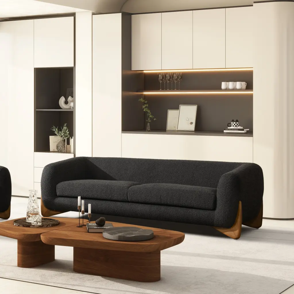 Alpine 90.5 Inch Sherpa Sofa Ebony Black Boucle Black Foam 2 Seat Couch jennifer taylor home