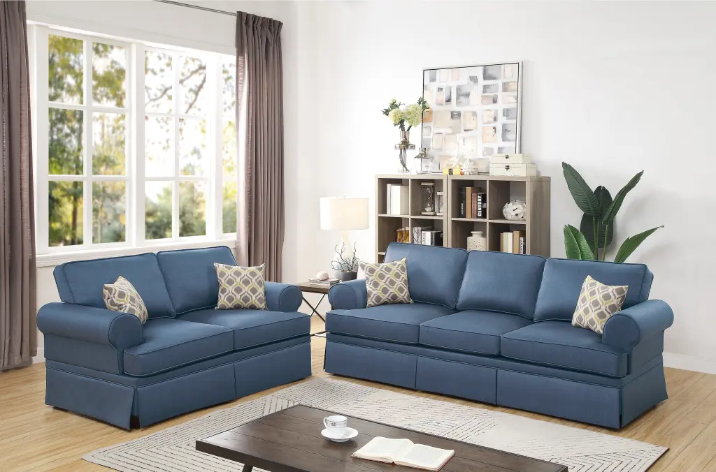 2Pc Sofa Set Sofa and Loveseat Blue Glossy Polyfiber Living Room Furniture kanepe
