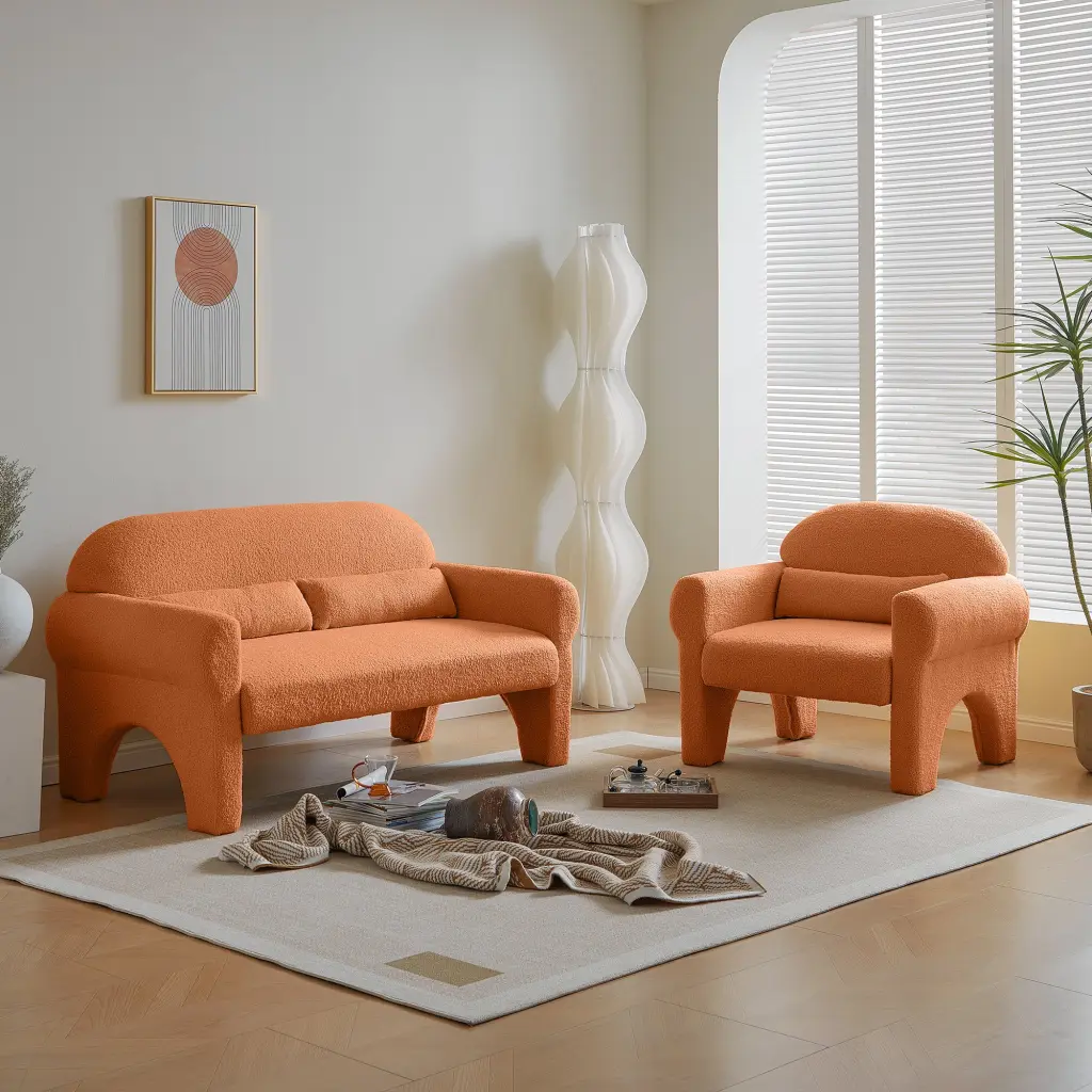 2 Piece Set Sofa Couch Modern Teddy Material Seat & Accent Chair Living Room senge