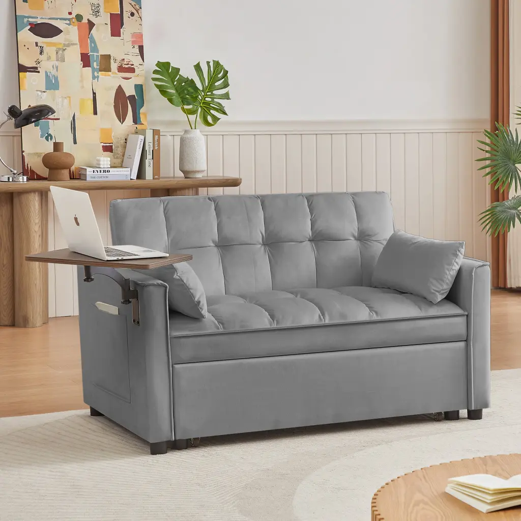 Grey Velvet Loveseat Sofa Bed Timber Tufted Back Square Arms Foam Couch cy furniture