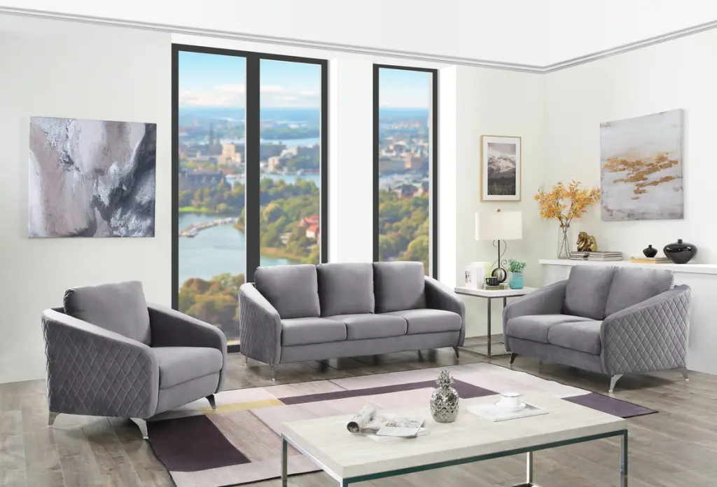 Sofia Gray Velvet Sofa Loveseat Chair Living Room Set Comfortable Seating lilola home