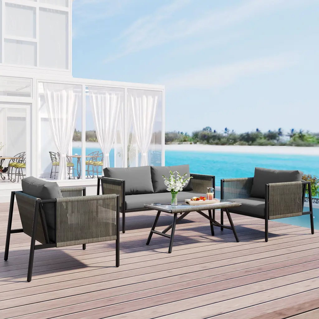 4 Piece Rope Sofa Set Thick Cushions And Toughened Glass Table Living Room go
