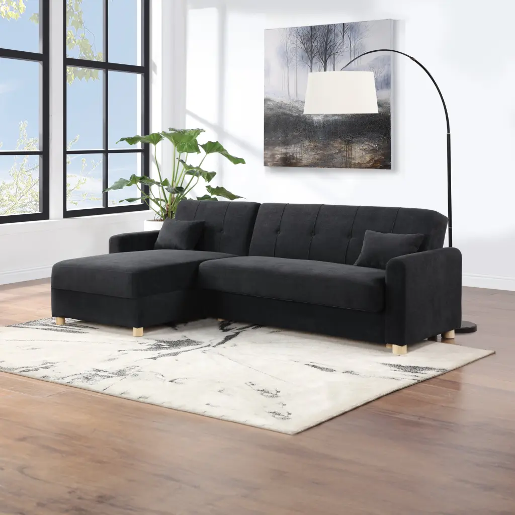Thomas 99.5 Inch Black Convertible Sleeper Sectional Sofa Reversible Chaise lilola home