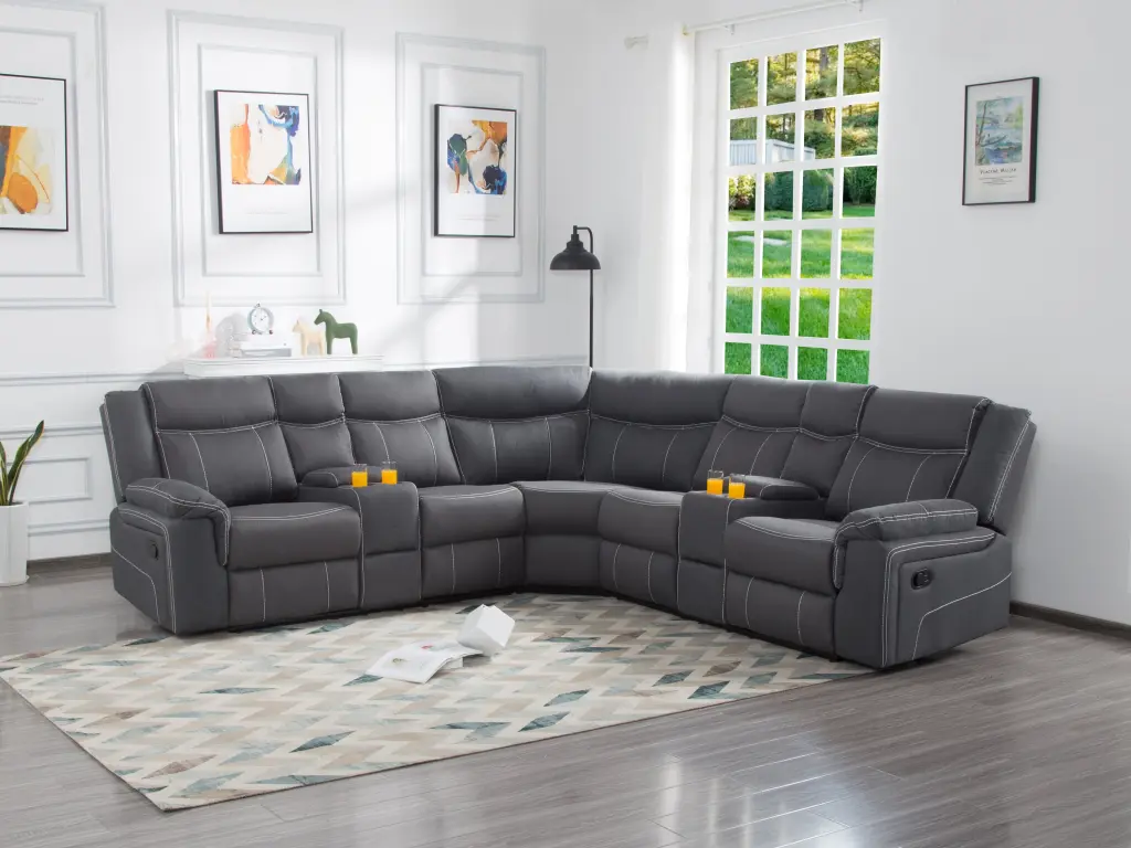 109.4 Inch Manual Reclining Sectional Sofa Grey Polyester Fabric Living Room relax lounge