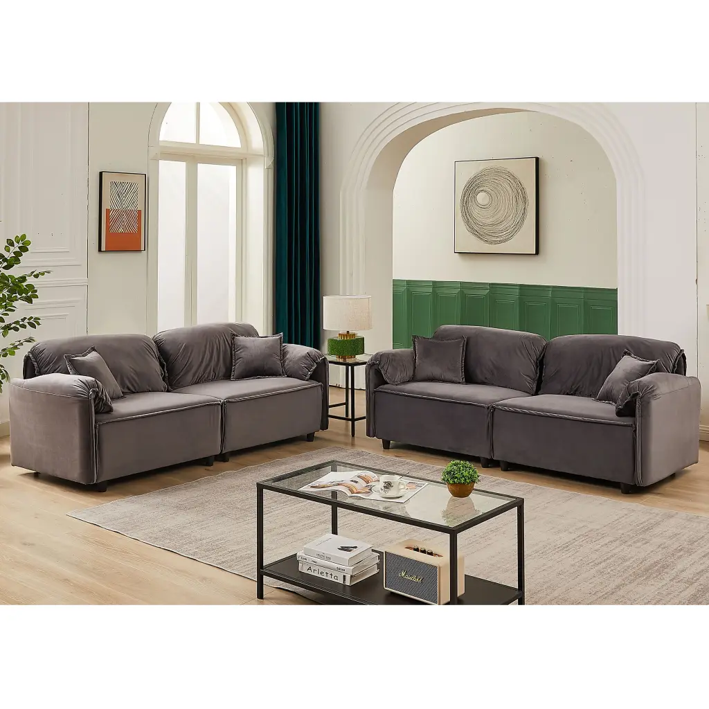 Premium Modern Style Living Room Upholstery Sofa Velvet Grey Velvet Wood Legs w1193