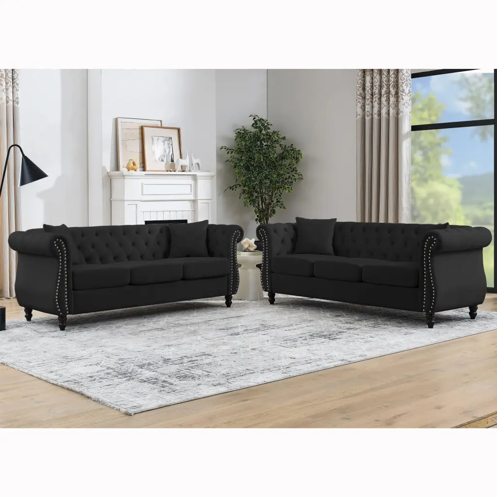 80 Inch Chesterfield Sofa Black Velvet 3 Seater Living Room Couch Classic Design welike furniture