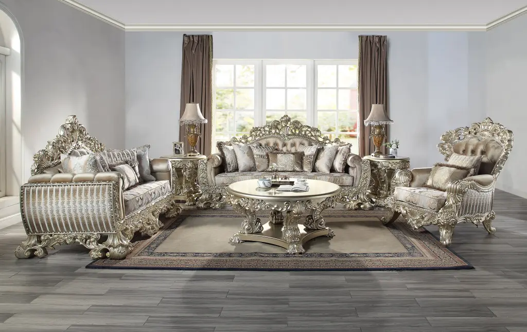 Sorina Sofa 7 Pillows Velvet Material Antique Gold Finish Living Room Couch acme onsite store