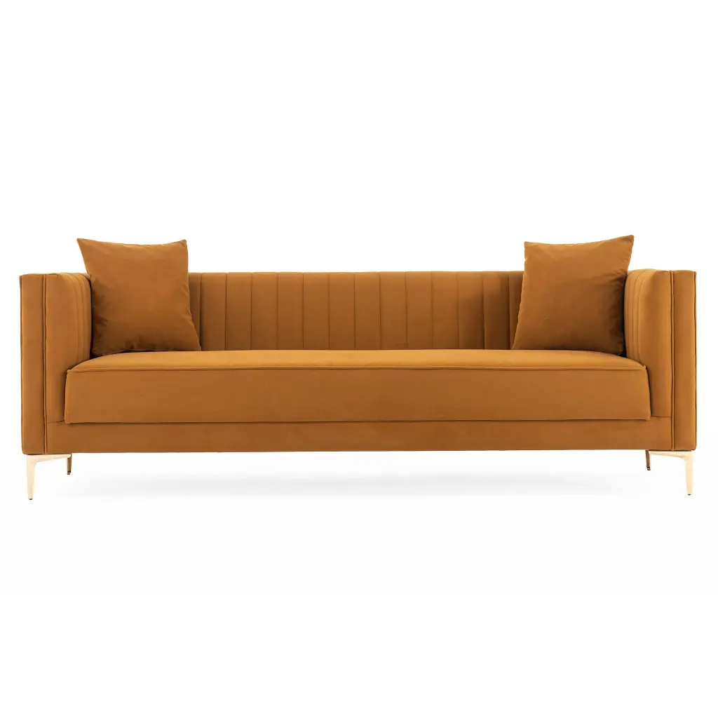 Angelina Sofa 91 Inch Cognac Velvet Mid Century Modern Living Room Couch Gold Trim ashcroft furniture