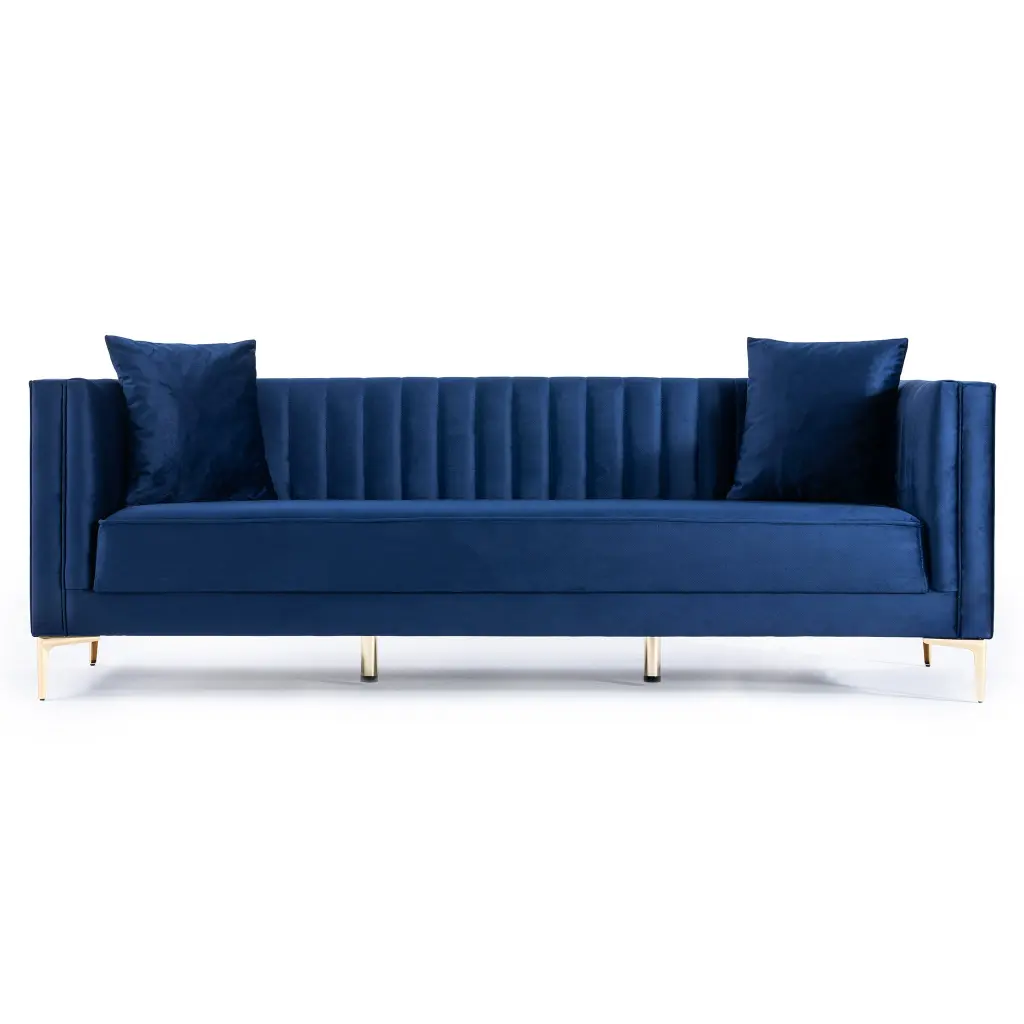 Angelina Sofa 91 Inch Dark Blue Velvet Precious Metal Metallic Upholstery ashcroft furniture