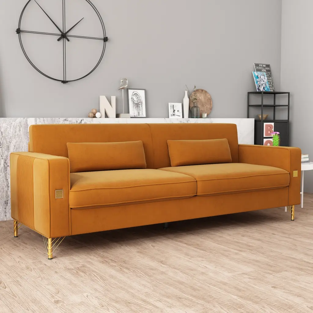 FX P18 Premium Velvet Sofa Gold Accents Modern 3 Seat Couch factoryx