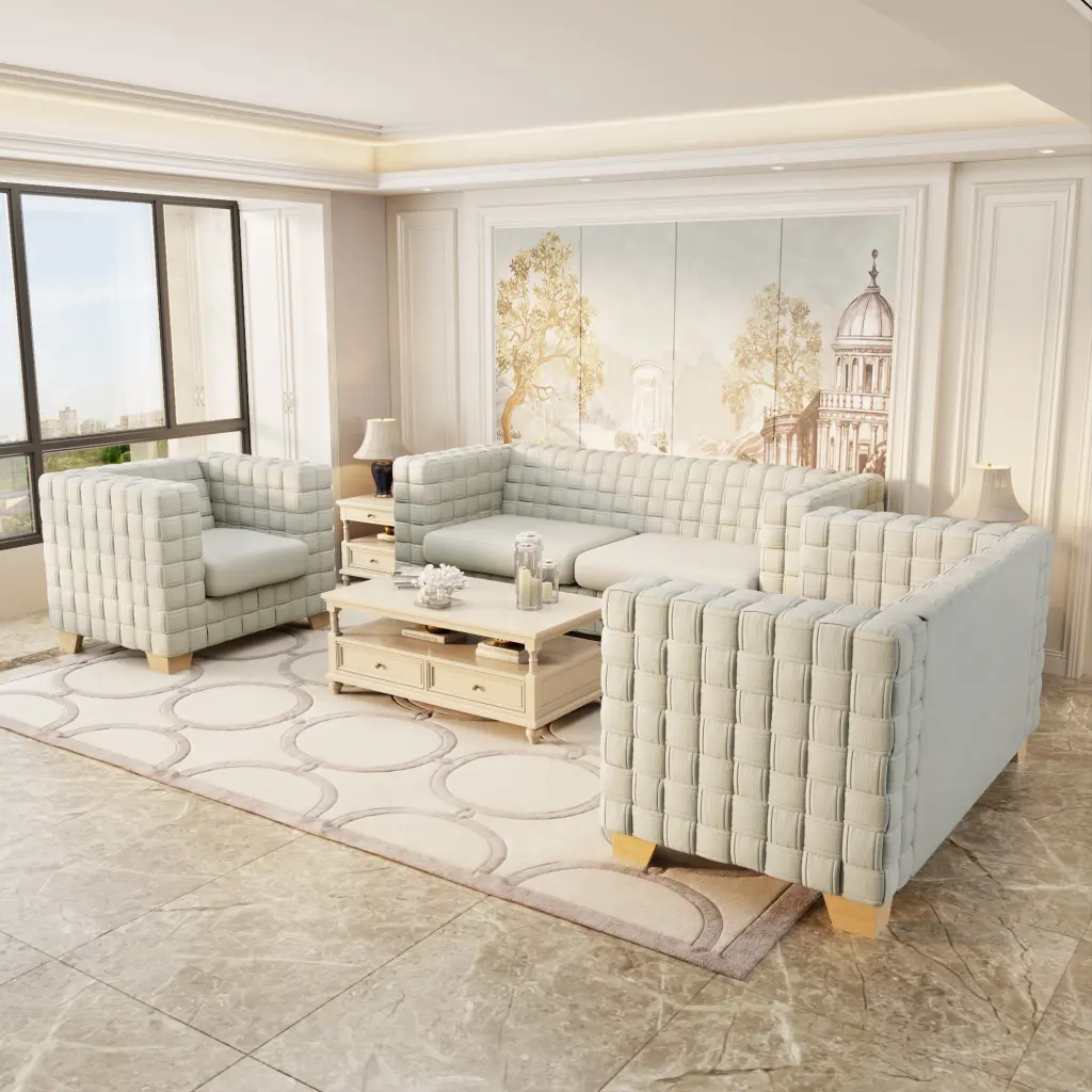 FX D1 Sofa Set Includes Chair Loveseat And Sofa Light Beige Linen factoryx