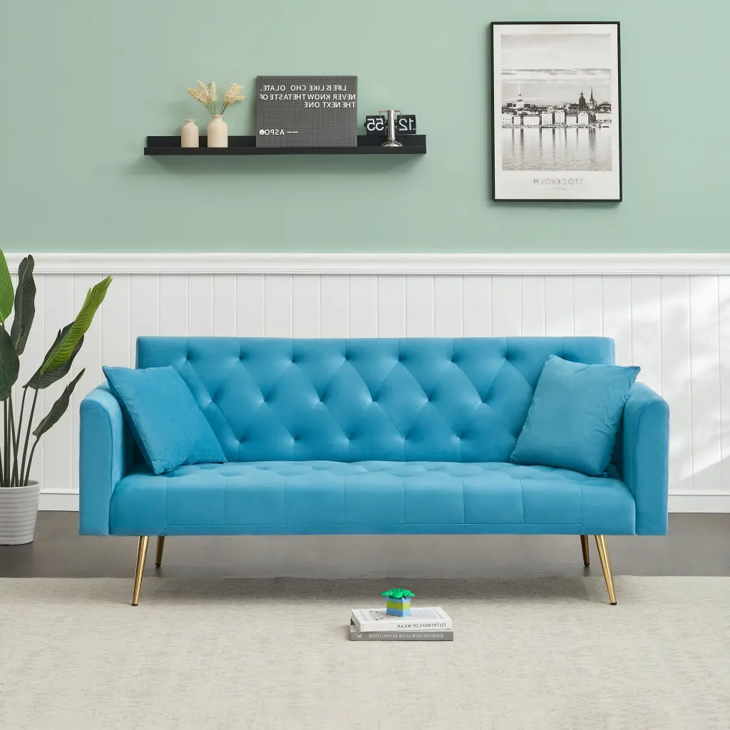 71 Inch Convertible Seat Sofa American Retro Light Blue Velvet Living Room fan chen furniture