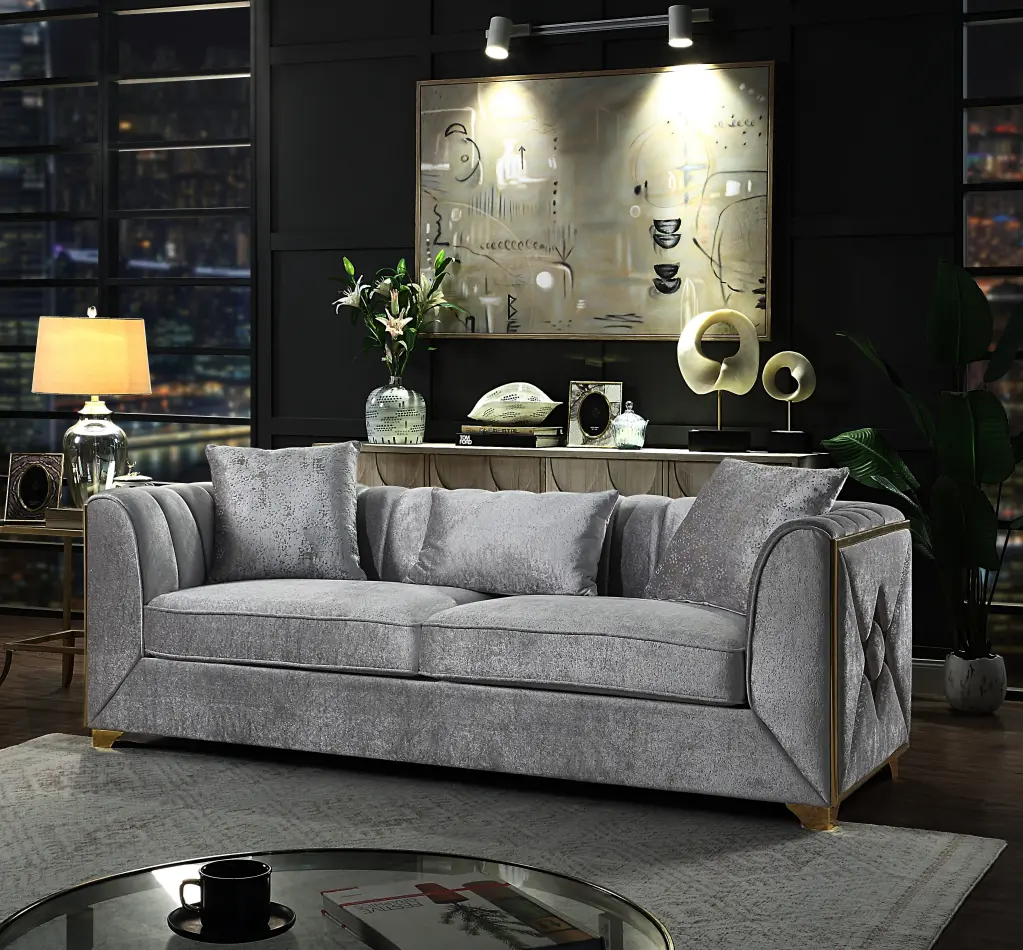 Velencia Modern Style Sofa Timber Frame Shiny Metal and Velvet Upholstery galaxy home furnishings