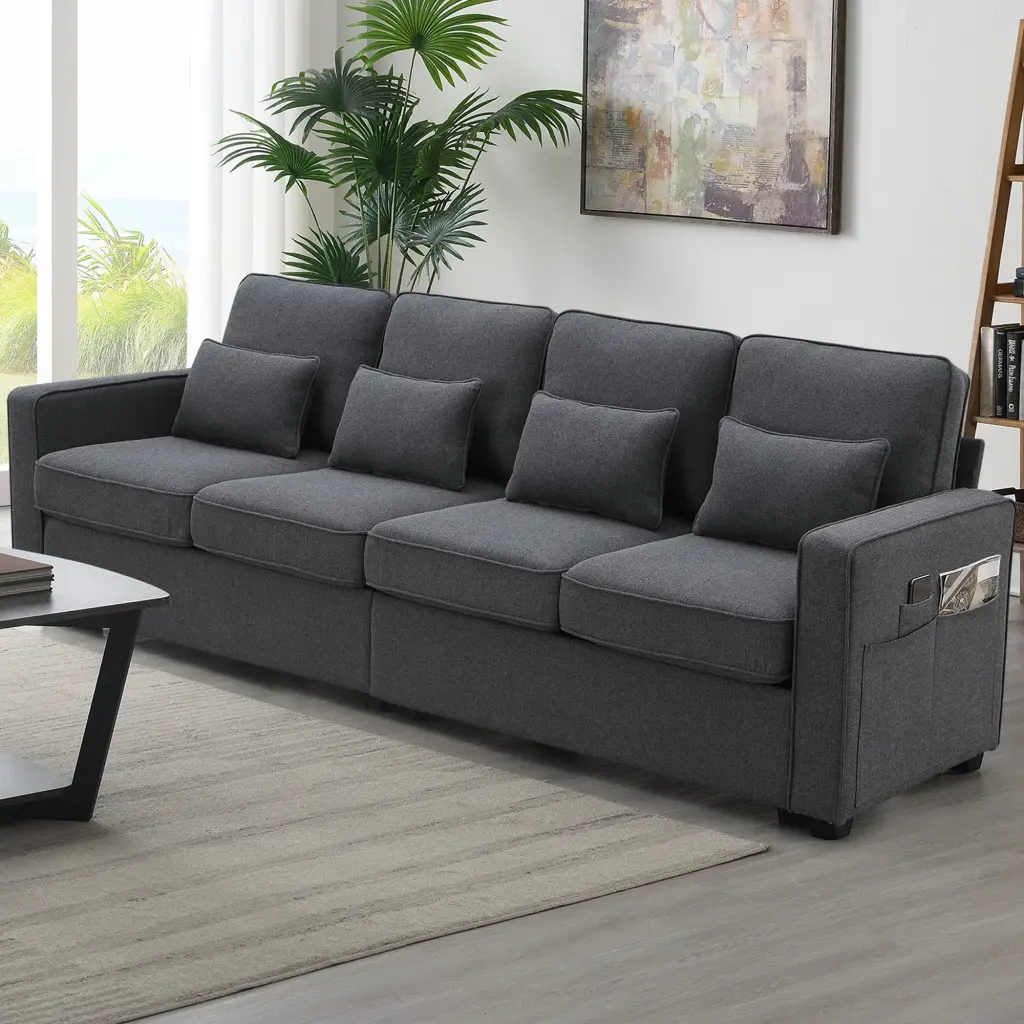 104 Inch 4 Seater Modern Linen Sofa Armrest Pockets and 4 Pillows gt