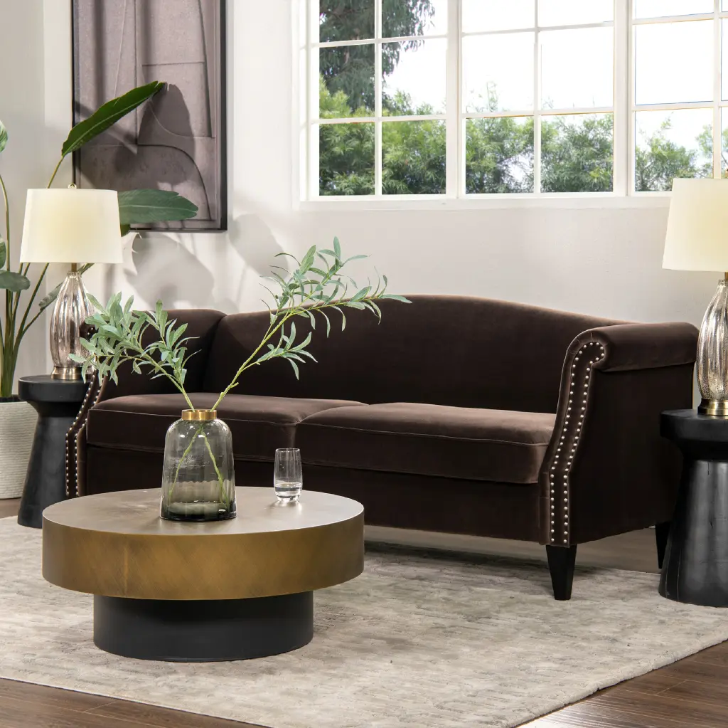 Elaine Camel Back Sofa Deep Brown Velvet Accent Sofa Living Room jennifer taylor home