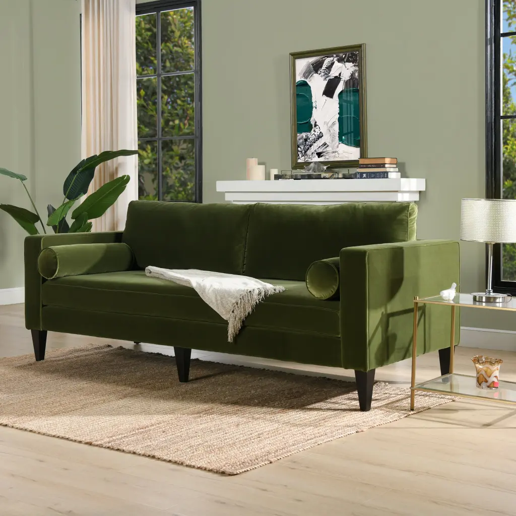 84 Inch Mid Century Modern Sofa Olive Green Velvet Living Room jennifer taylor home