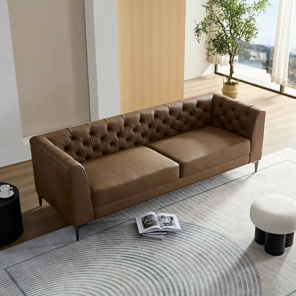 Wks5B Brown Hide Sofa Ferrous Metal Feet Retro Design Living Room momore home