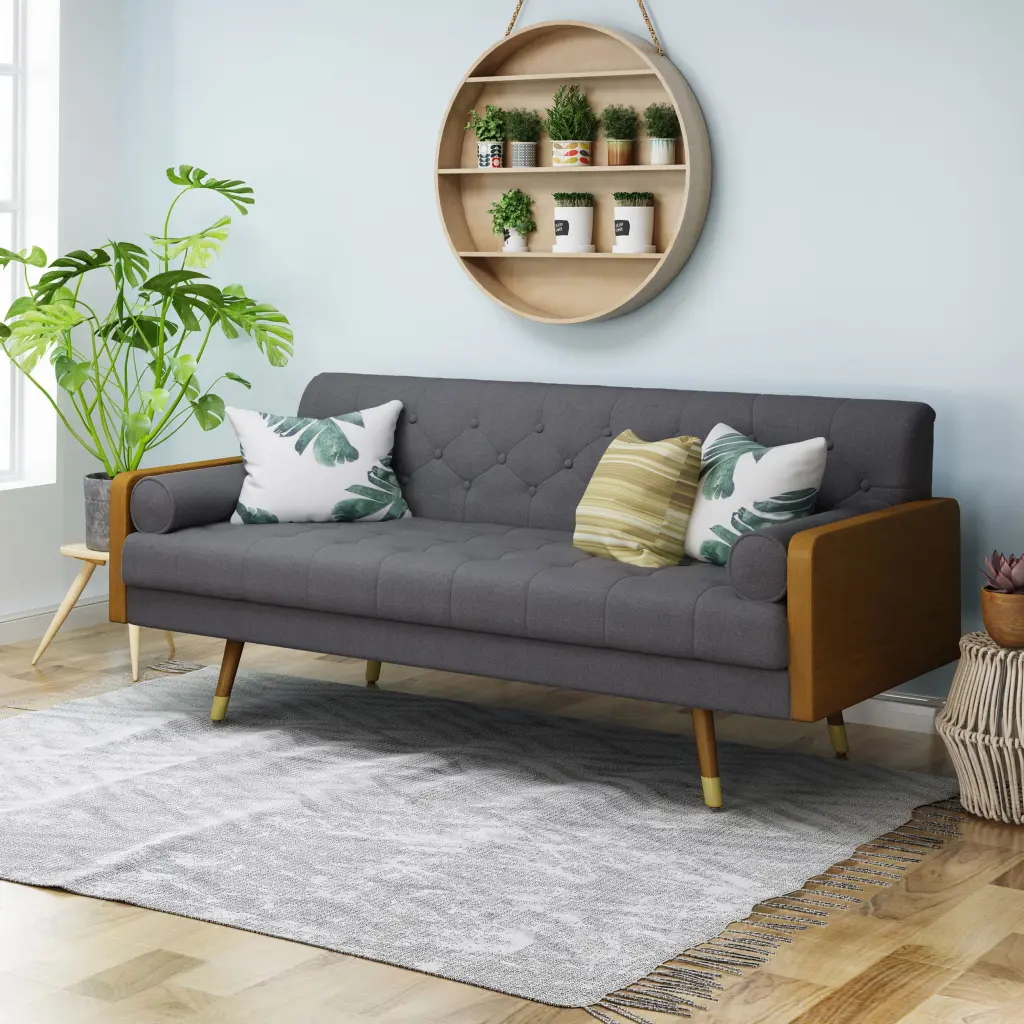 Aidan Mid Century Modern Tufted Material Sofa Grey Material nh-inmax