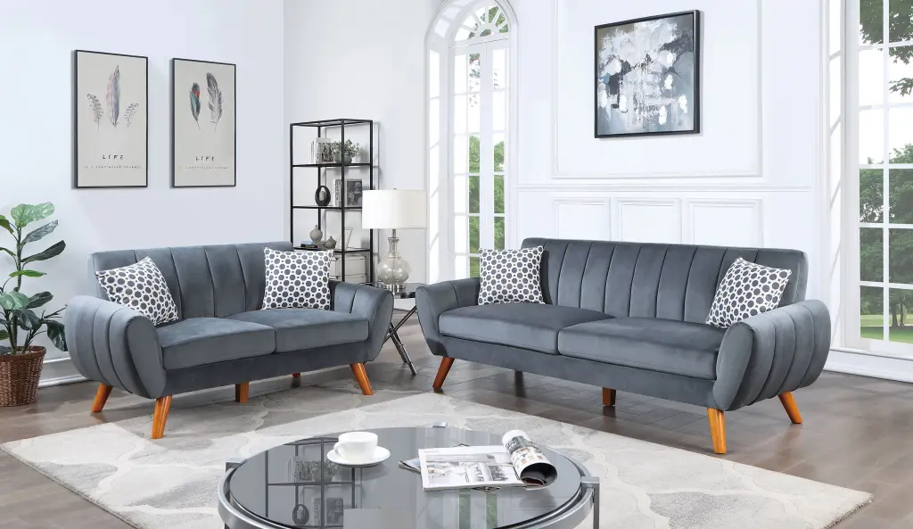 2 Piece Sofa Set Black Faux Hide and Dark Gray Velvet poundex