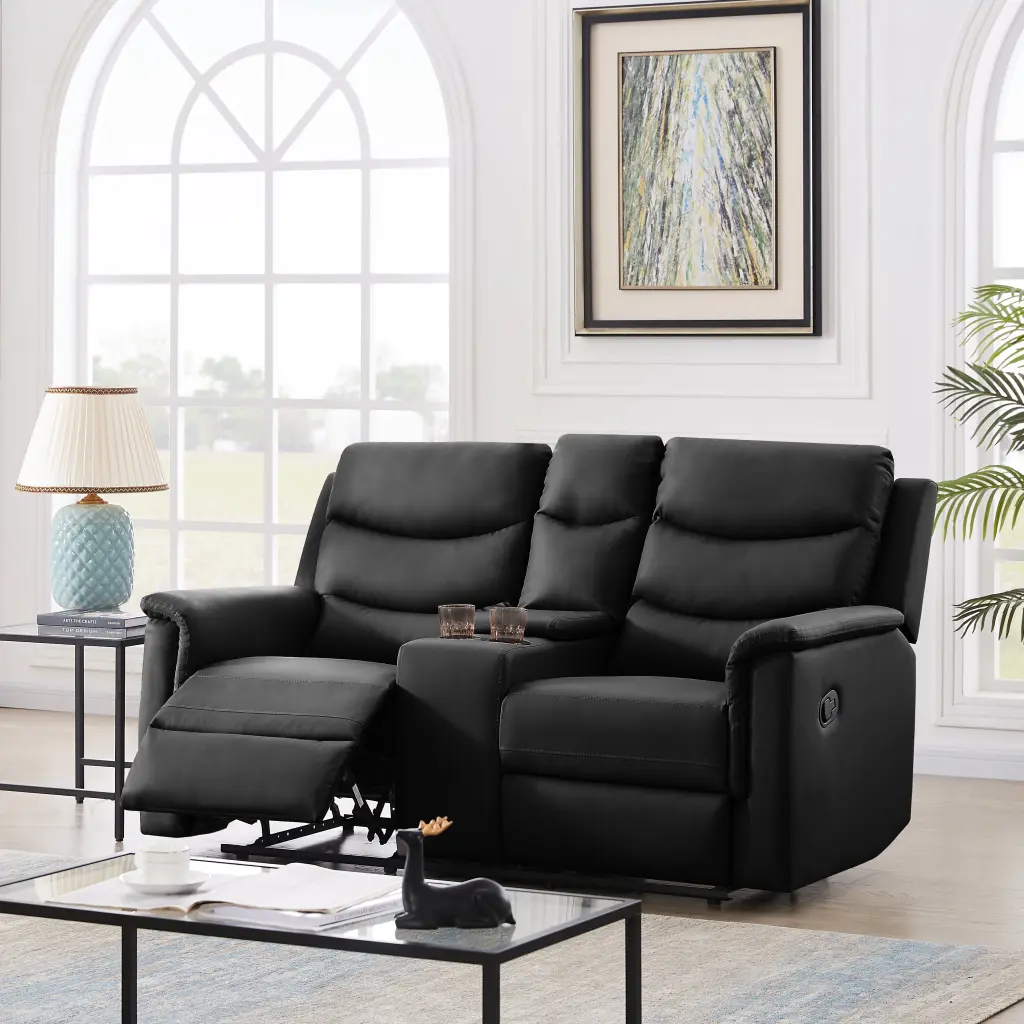 2 Seater Motion Sofa Black PU Leather Recliner relax lounge