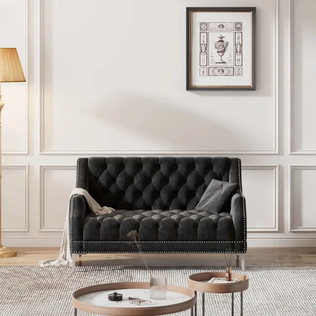 55.5 Inch Modern Dutch Plush Upholstered Sofa Metallic Legs Button Tufted rnb