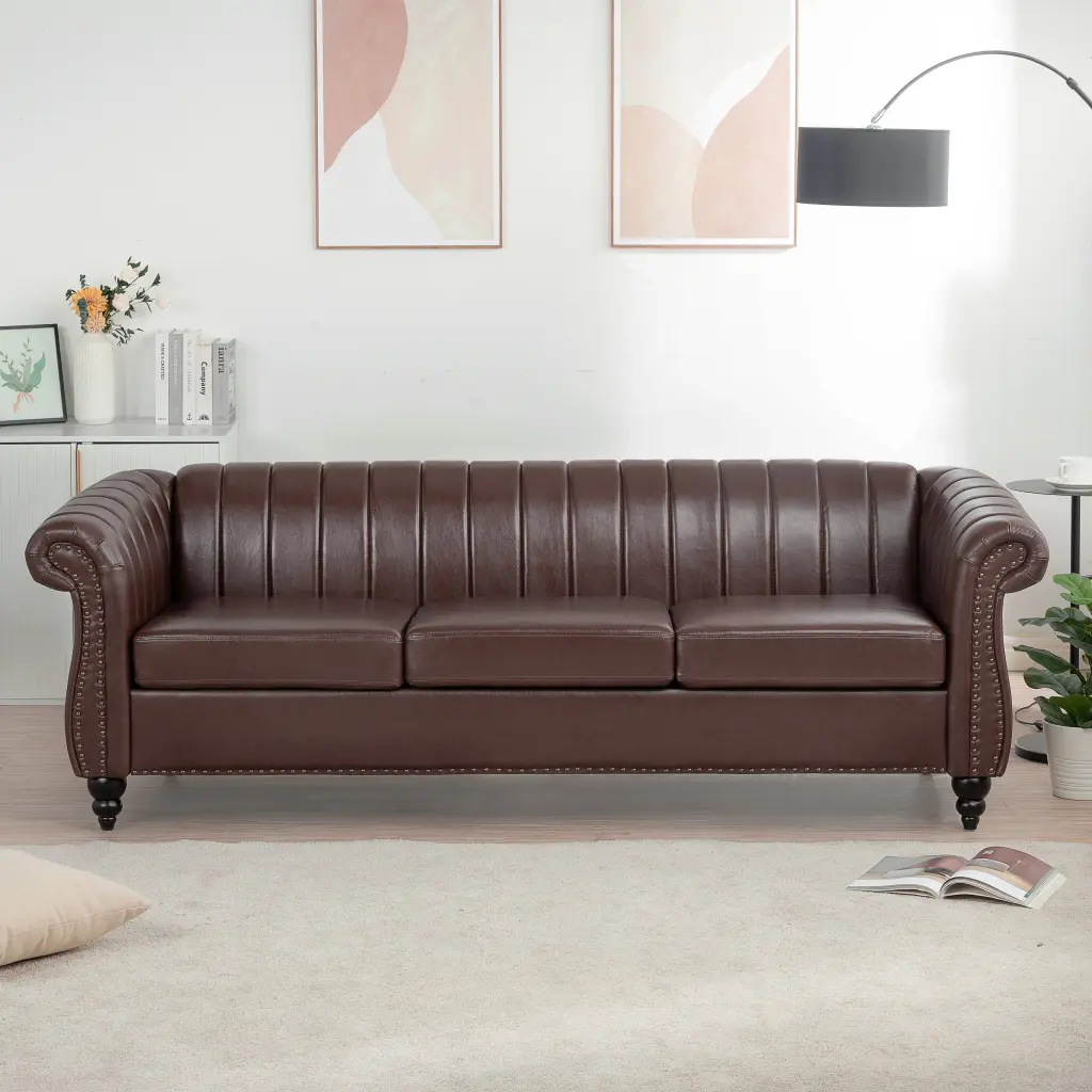 83.46 Inch Brown PU Rolled Arm Chesterfield Three Seater Sofa Dark Brown rnb