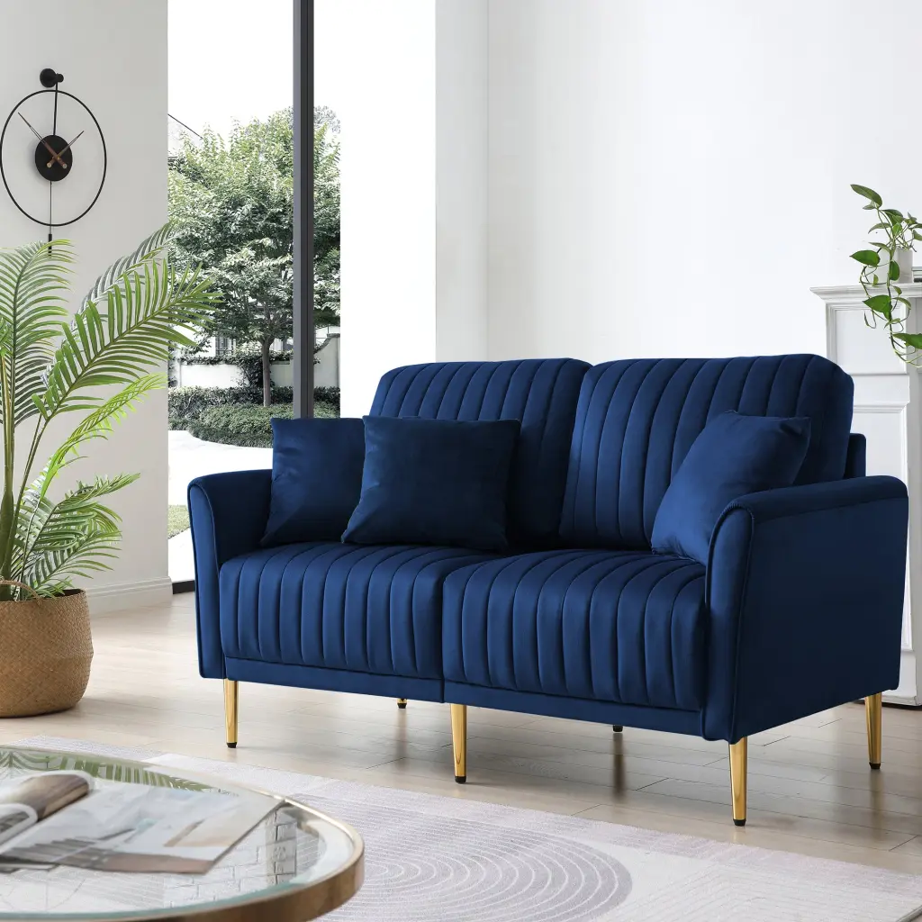 2 Seat Navy Blue Velvet Round Arm Sofa Reversible Cushions Blue Fabric Sofa ui furniture