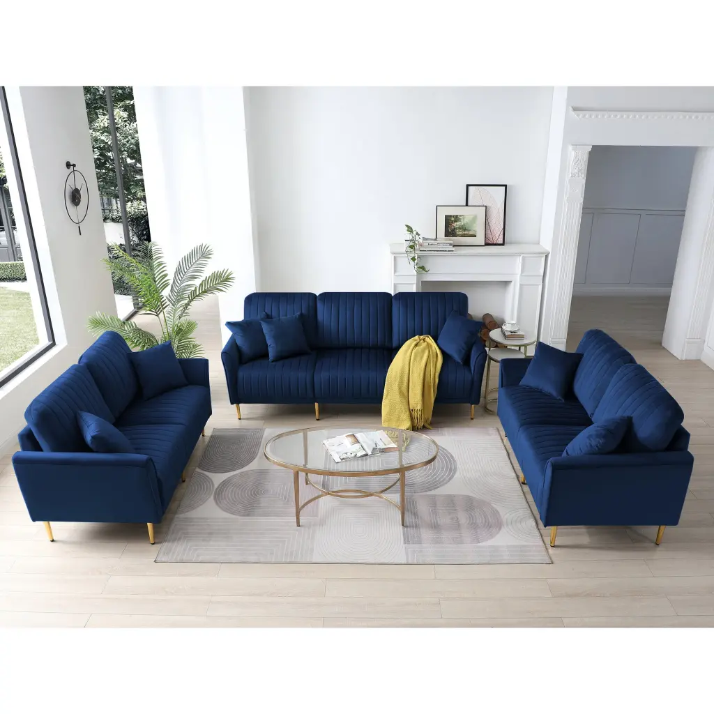 Velvet Material Sofa Couch Set Mid Century 3 Seat Tufted ui furniture