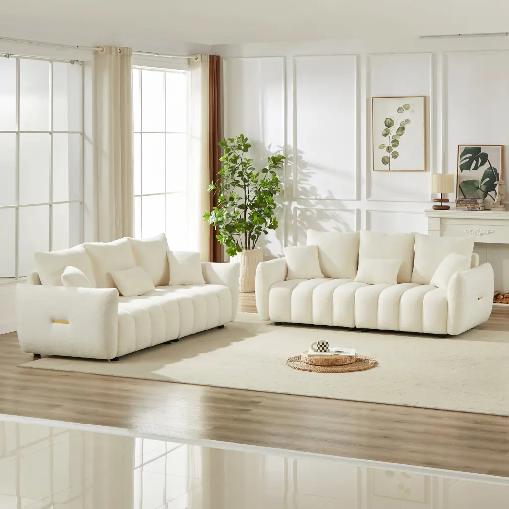 3 Seater Modern Living Room Sofa Teddy Fabric Timber Frame Bundle w1193