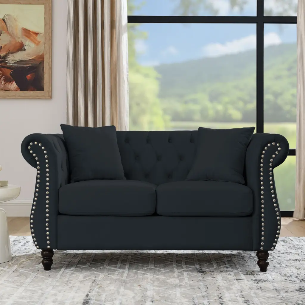 58.8 Inch Chesterfield Sofa Black Velvet 2 Seater Tufted Living Room Sofa welike furniture