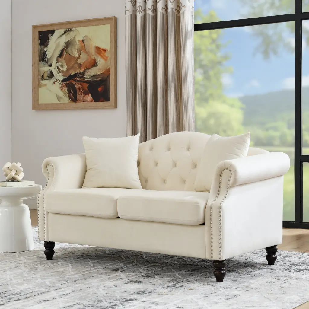 57 Inch Chesterfield Sofa Grey Velvet Living Room 2 Seater welike furniture