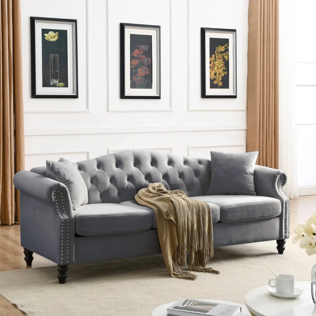 79 Inch Chesterfield Sofa Grey Velvet 3 Seater Sofa Living Room welike furniture