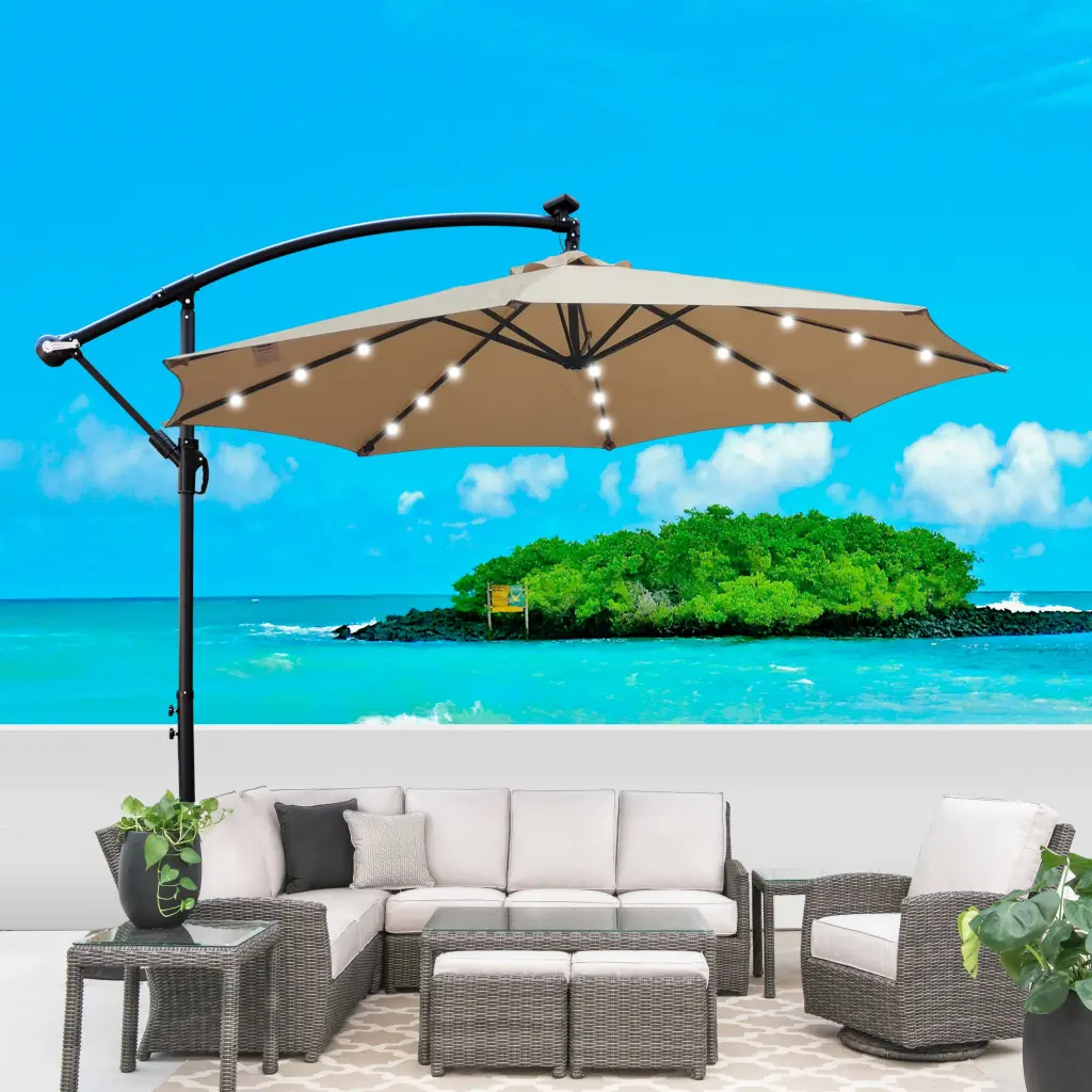 Tan 10 Ft Outdoor Patio Umbrella Solar Powered LED Lighted Sun Shade Market w-s industry