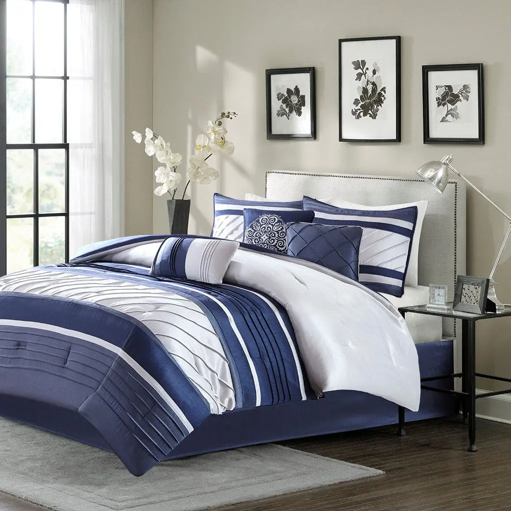 7 Piece Navy Queen Size Comforter Set Polyester Bedding Collection jla