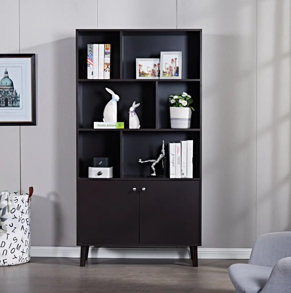 67 Inch Bookcase Doors 3 Tier Publication Shelf Coffee MDF Storage Cabinet jaydenmax