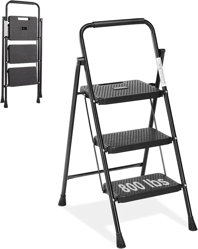 3 Step Ladder Foldable Step Stool 800Lbs Capacity Wide Anti Slip Treads w1134dhs