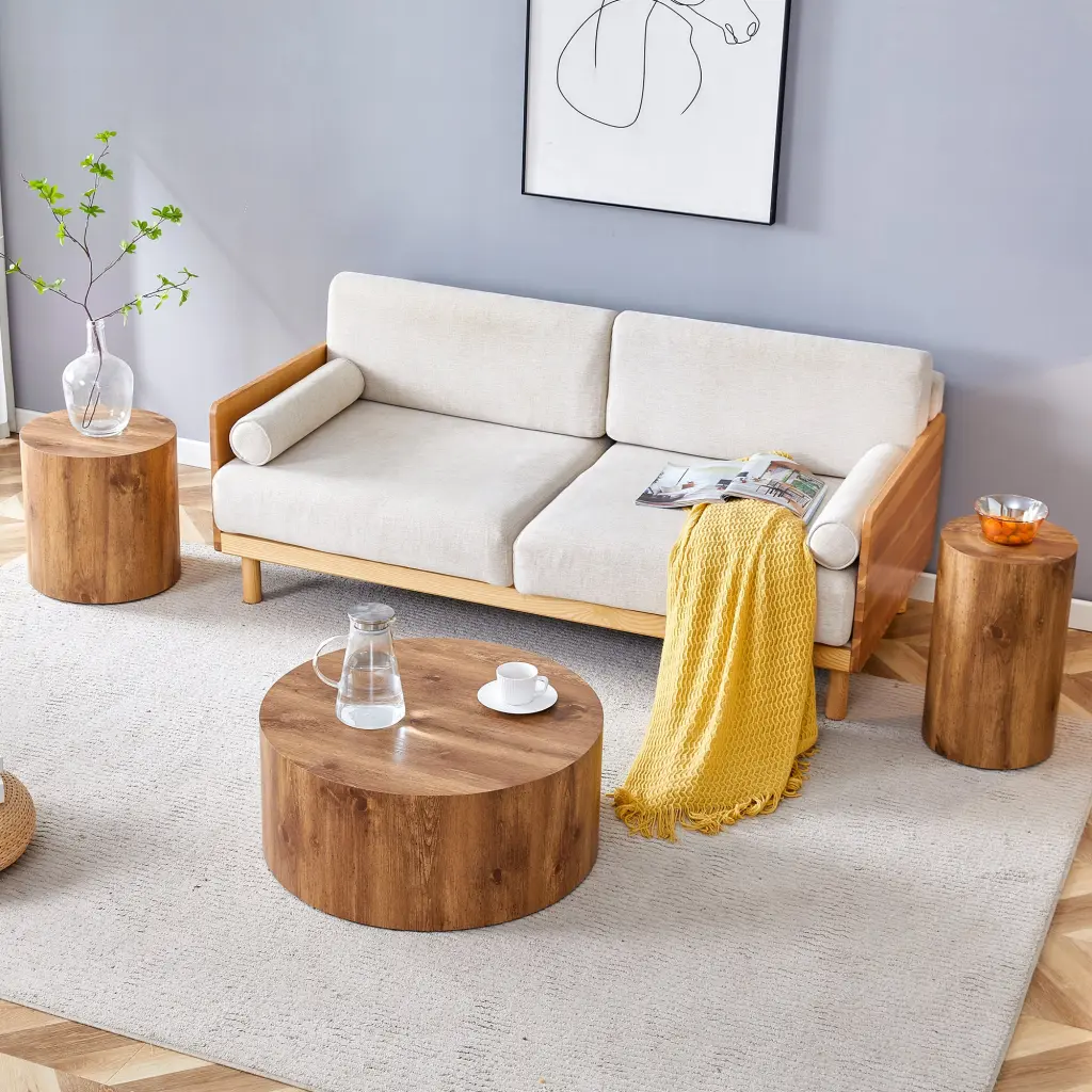 Modern Minimalist Set Three Timber Hue Cylinder Stone Patterned Stools droom w-1151