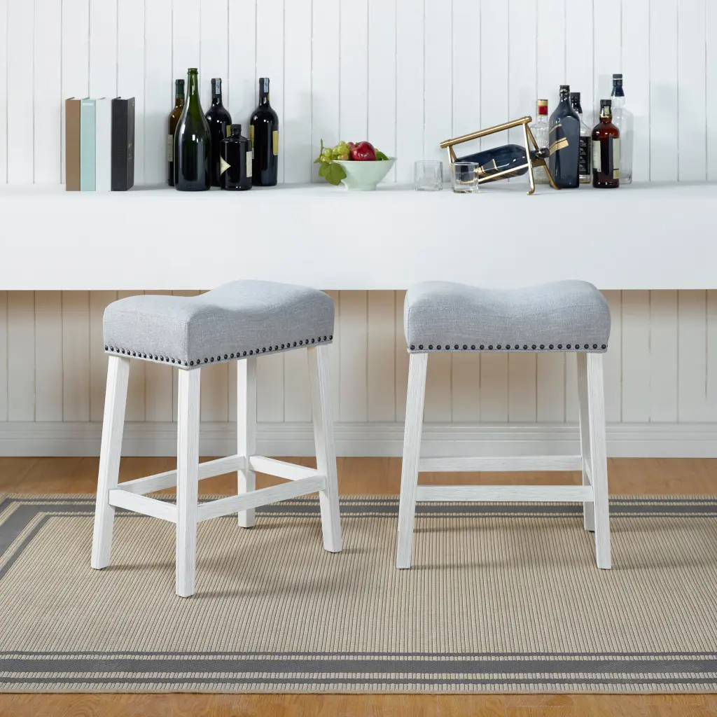 Coco Upholstered Counter Height Stools Saddle Seat White Washed Finish hz