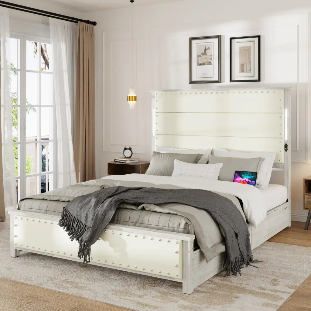 Queen Bed Frame Upholstered Headboard and 4 Storage Drawers jhomier furniture
