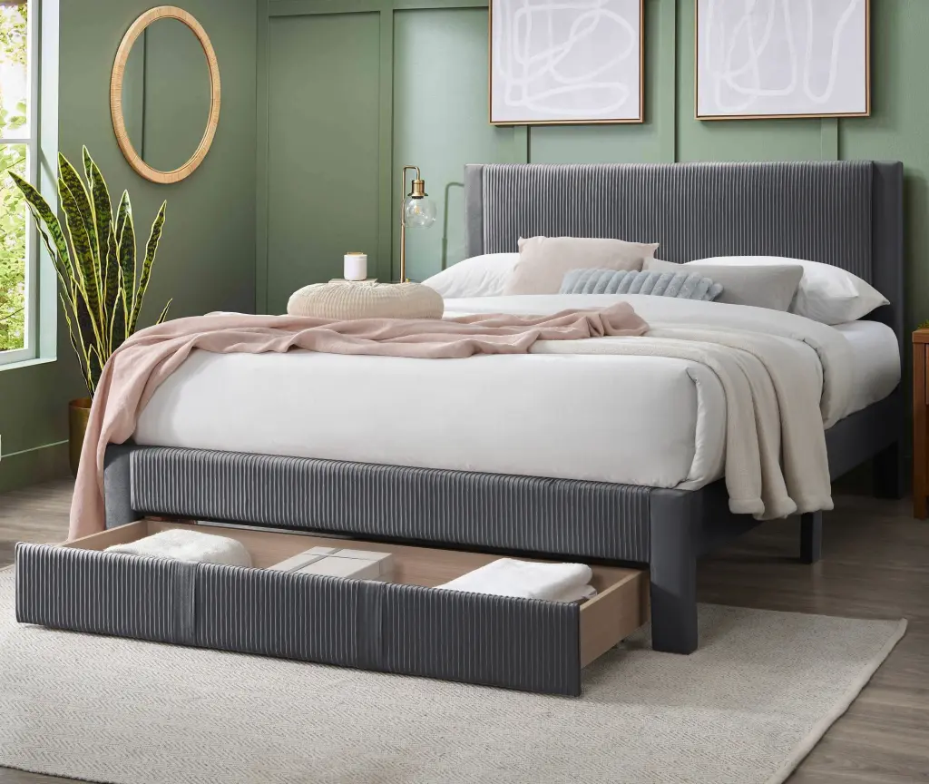 Contemporary 1 Piece Queen Size Bed Storage Drawers Charcoal Corduroy Upholstery kanepe