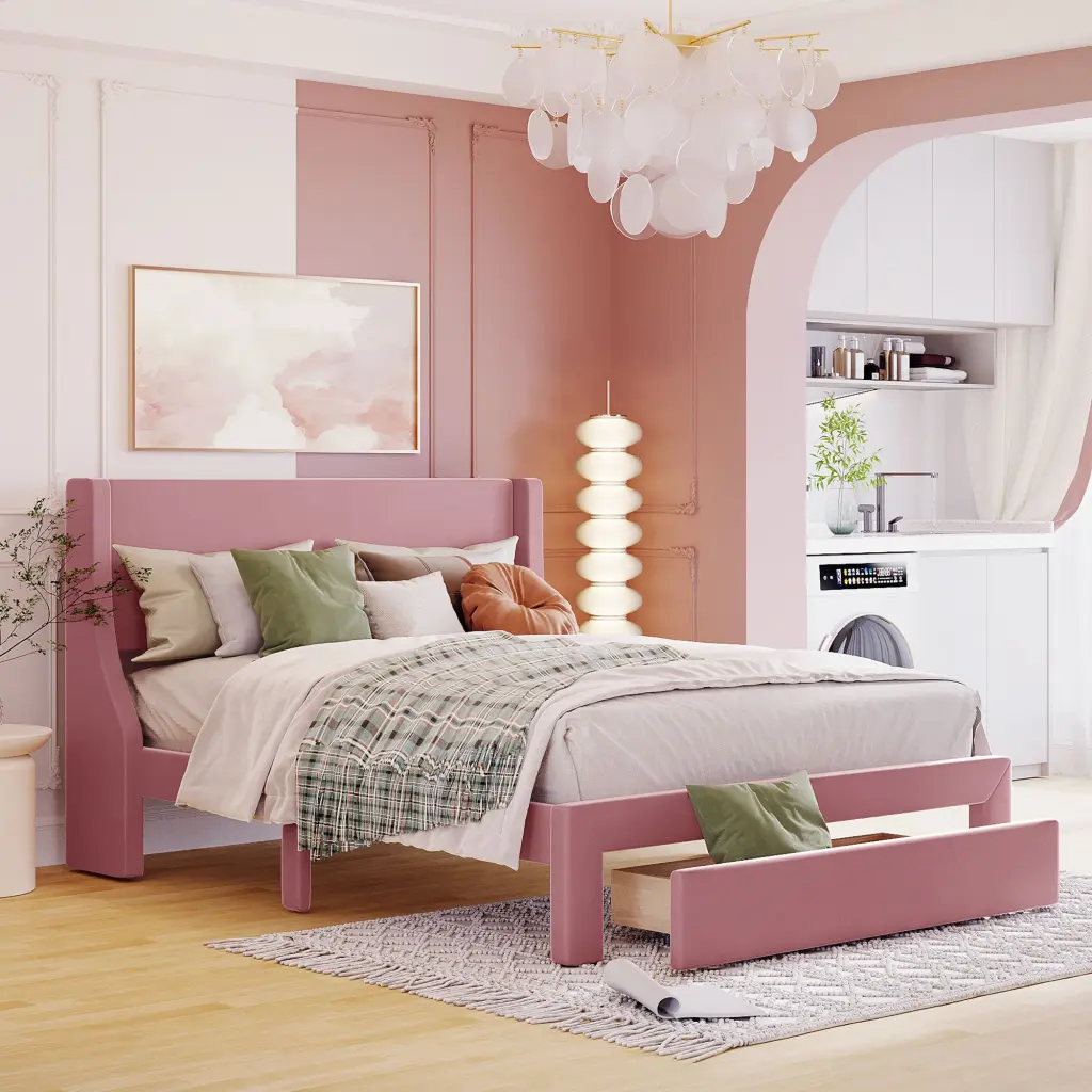 Queen Dimensions Storage Bed Velvet Upholstered Platform and Big Drawer lucky furniture
