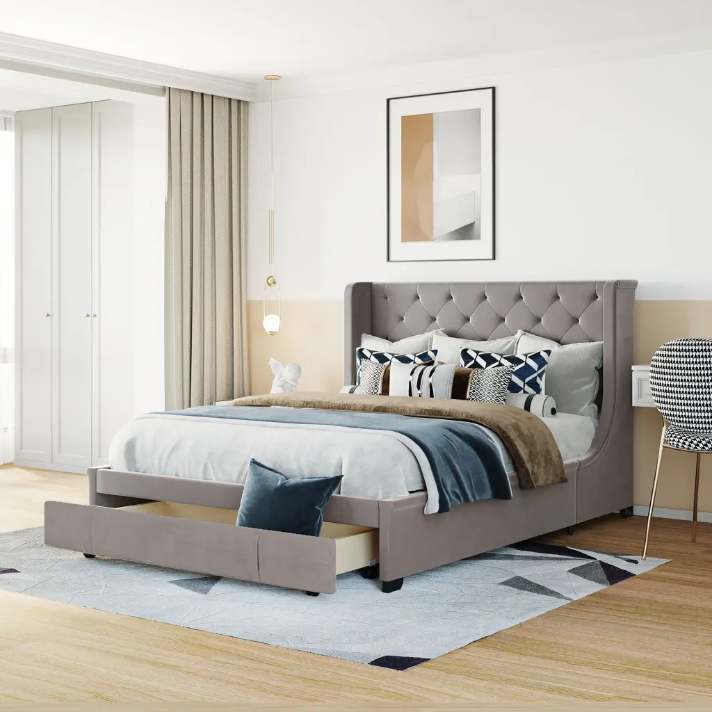 Queen Dimensions Storage Bed Velvet Upholstered Platform Bed Wingback Headboard lucky furniture