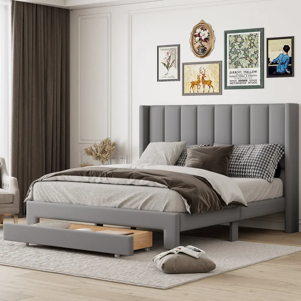 Queen Storage Bed Velvet Upholstered Platform Bed Big Drawer lucky furniture