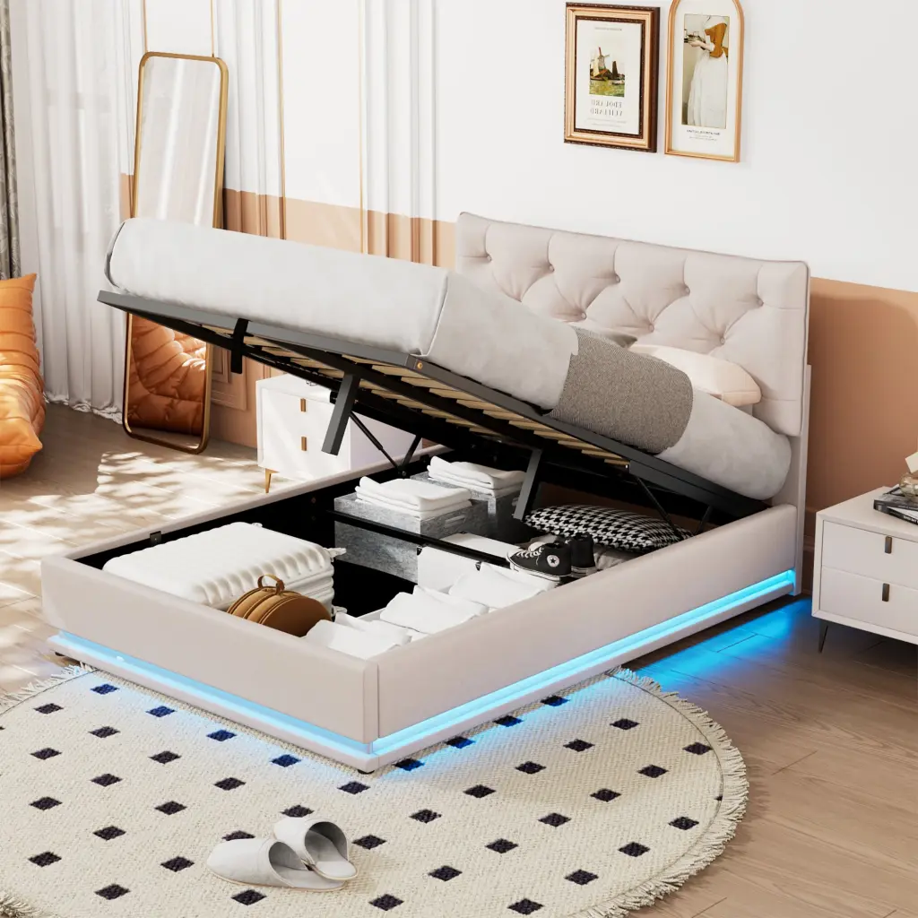 Full Size Upholstered Bed Hydraulic Storage System and LED Lighting lucky world